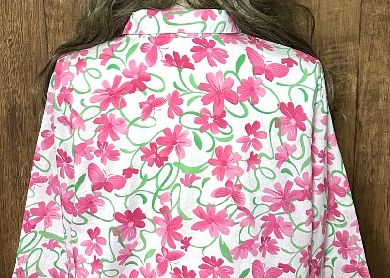 花 蝶 柄 シャツ 七分袖 七分 ピンク 涼しい 軽い カラフル