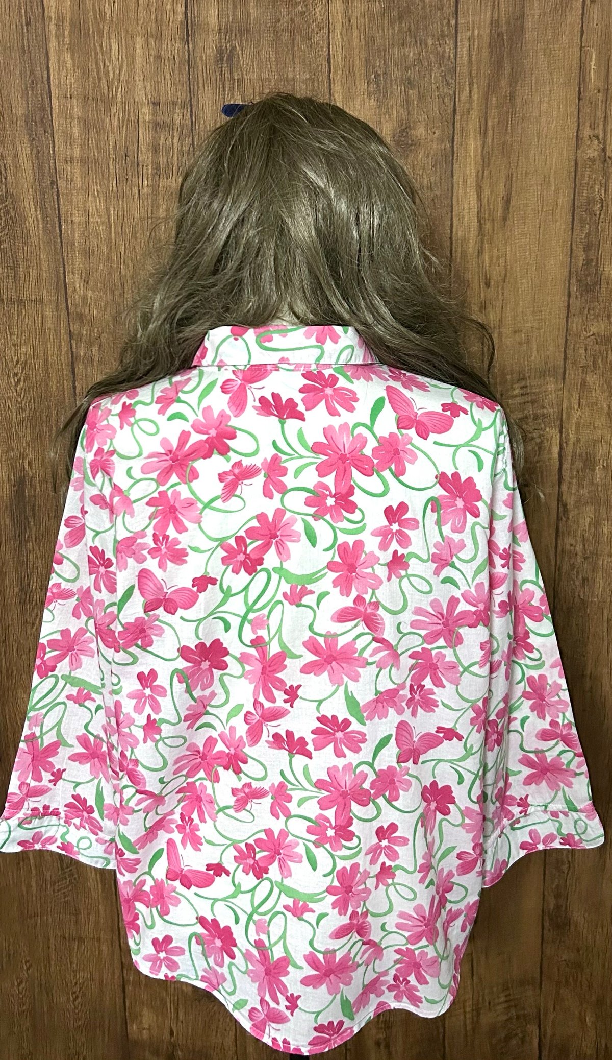 花 蝶 柄 シャツ 七分袖 七分 ピンク 涼しい 軽い カラフル レトロ