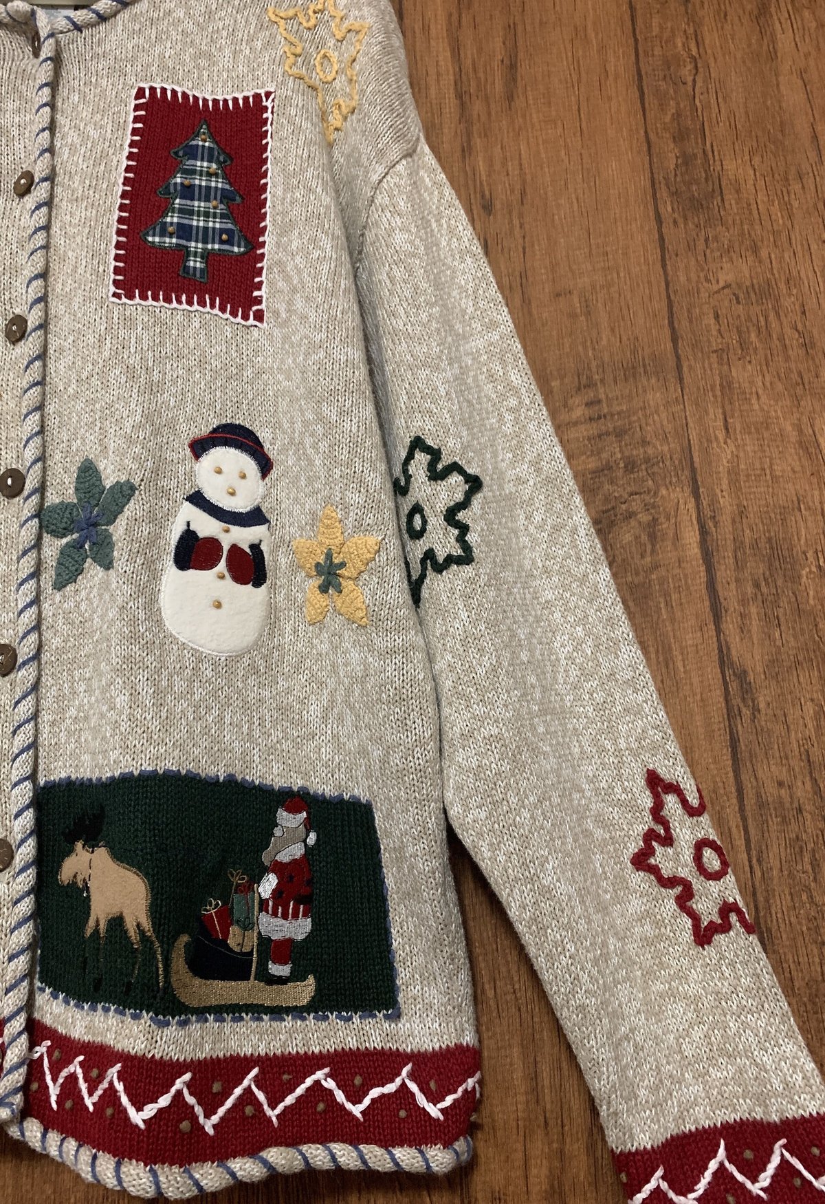 クリスマス ニット アグリー セーター カーデ ベージュ 刺繍