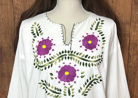 刺繍 手刺繍 トップス 白 花 葉 長袖 ヴィンテージ メキシコ カラフル エスニック フォークロア カントリー ダンス おしゃれ かわいい 古着/club723(N804)