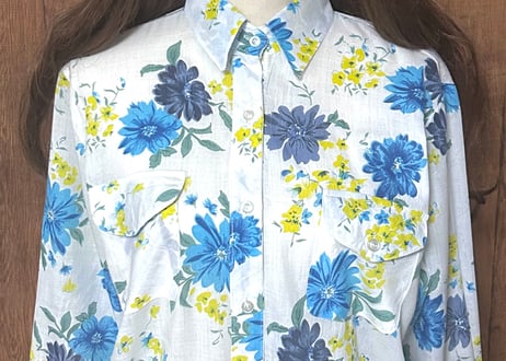 花柄 総柄 シャツ 白 長袖 胸ポケット カラフル レトロ おしゃれ かわいい かっこいい ヴィンテージ used vintage 古着/club723 クラブ723(N808)