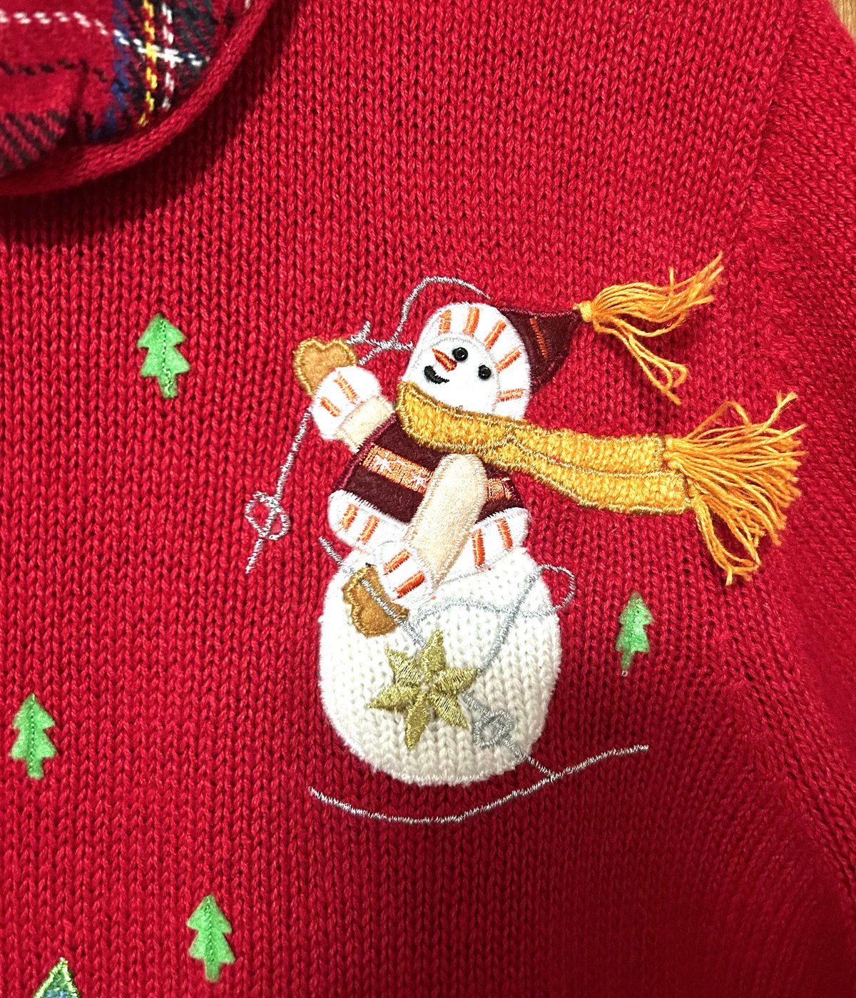 クリスマス アグリー ニット カーディガン 赤 刺繍 装飾 スノーマン