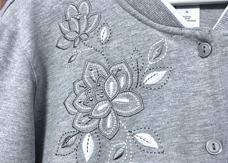 刺繍 スウェット スエット カーディガン 花 グレー 薄グレー レトロ カントリー 個性的 おしゃれ かわいい USA vintage used 古着/club723(N463)