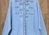 デニム シャツ 刺繍 花 小花 大きめ 大きい ゆったり 長袖 アメリカン カントリー レトロ チロリアン USA ヴィンテージ used vintage 古着/club723(N420)