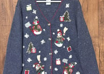 刺繍 ニット カーディガン スノーマン 雪だるま クリスマス ツリー プレゼント カラフル ファンシー おしゃれ かわいい ヴィンテージ USA 古着/club723 クラブ723(N733)