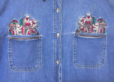 刺繍 デニム シャツ くま テディベア 長袖 ヴィンテージ レトロ カントリー ファンシー 個性的 おしゃれ かわいい USA used vintage 古着/club723 クラブ723(N788)