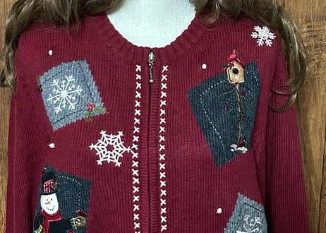 スノーマン 雪だるま ニット セーター カーディガン エンジ 刺繍 鳥 雪 冬 ヴィンテージ カントリー レトロ カラフル 個性的 かわいい vintage used 古着/club723(N444)
