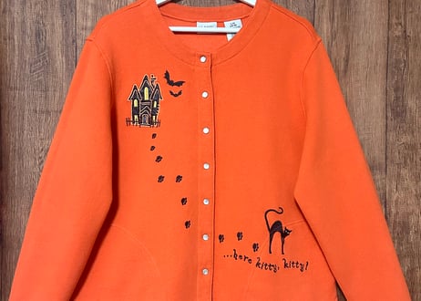 スウェット スエット カーディガン ハロウィン ハロウィーン オレンジ 猫 ネコ ポケット レトロ ファンシー かわいい ヴィンテージ 古着/club723 クラブ723(N713)