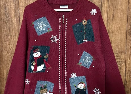 スノーマン 雪だるま ニット セーター カーディガン エンジ 刺繍 鳥 雪 冬 ヴィンテージ カントリー レトロ カラフル 個性的 かわいい vintage used 古着/club723(N444)