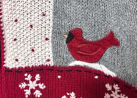 刺繍 ニット カーディガン 鳥 家 雪 冬 赤 ファンシー レトロ カントリー 個性的 おしゃれ かわいい ヴィンテージ vintage used 古着/club723 クラブ723(N723)