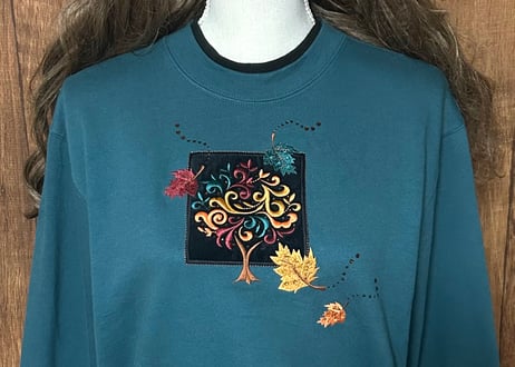 刺繍 スウェット スエット トレーナー 秋 葉 装飾 二重襟 グリーン レトロ おしゃれ ヴィンテージ USA vintage used 古着/club723 クラブ723(N709)