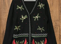 刺繍 ニット カーディガン カーデ 黒 クリスマス アグリー セーター 赤い鳥 ヴィンテージ レトロ おしゃれ かわいい vintage used 古着/club723 クラブ723(N593)