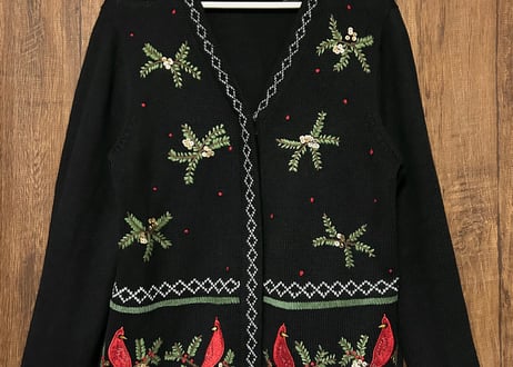 刺繍 ニット カーディガン カーデ 黒 クリスマス アグリー セーター 赤い鳥 ヴィンテージ レトロ おしゃれ かわいい vintage used 古着/club723 クラブ723(N593)