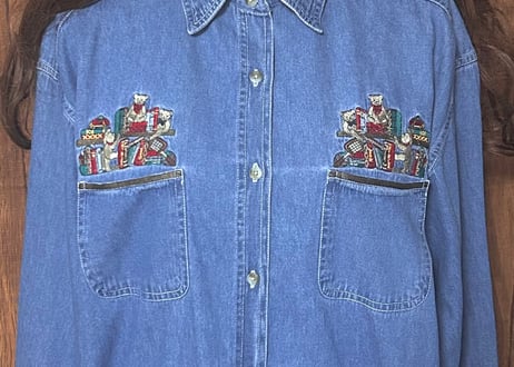 刺繍 デニム シャツ くま テディベア 長袖 ヴィンテージ レトロ カントリー ファンシー 個性的 おしゃれ かわいい USA used vintage 古着/club723 クラブ723(N788)