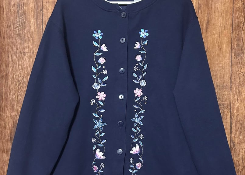 刺繍 スウェット カーディガン 花 紺 ネイビー レトロ カントリー