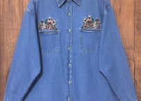 刺繍 デニム シャツ くま テディベア 長袖 ヴィンテージ レトロ カントリー ファンシー 個性的 おしゃれ かわいい USA used vintage 古着/club723 クラブ723(N788)