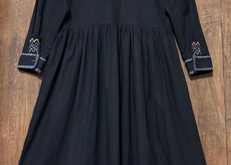 刺繍 ロング ワンピース 長袖 黒 鳥 花 ヴィンテージ エスニック レトロ カントリー フォークロア おしゃれ かわいい vintage used 古着/club723 クラブ723(N777)