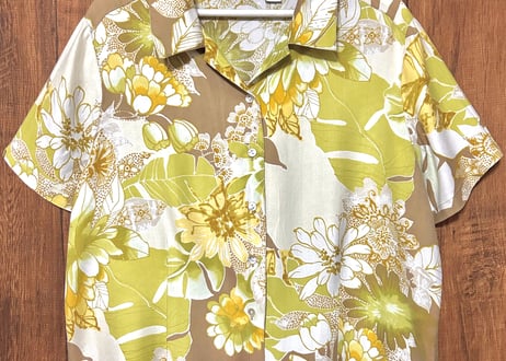 花 葉 柄シャツ 半袖 シルク レーヨン カラフル レトロ 個性的 おしゃれ かわいい かっこいい USA ヴィンテージ used vintage 古着/club723 クラブ723(N655)