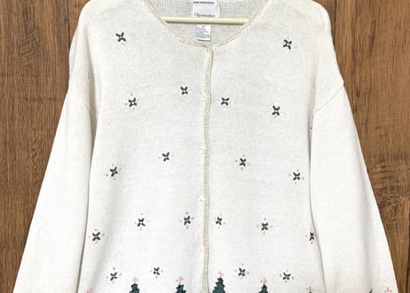 クリスマス アグリー セーター ニット カーデ 白 刺繍 手刺繍 ツリー クリスマスツリー アメリカン カントリー レトロ 個性的 かわいい vintage used 古着/club723(N382)