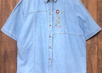 刺繍 デニム シャツ 半袖 ヨーロッパ ヴィンテージ カントリー ウエスタン チロル レトロ クラシカル ファンシー 個性的 おしゃれ かわいい 古着/club723 クラブ723(N799)
