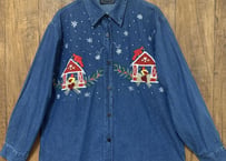 赤い鳥　クリスマス　デニム　シャツ　大きめ　ビッグ　XL 刺繍　アップリケ　家　リボン　アメリカン　カントリー　ヴィンテージ vintage used USA 古着/club723 (N151)