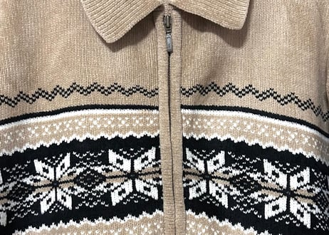 ニット セーター カーディガン カーデ 雪柄 ベージュ ファスナー レトロ カジュアル 個性的 おしゃれ かわいい vintage used 古着/club723 クラブ723(N574)