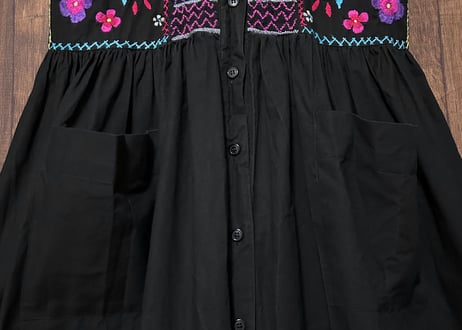 刺繍 ロング ワンピース 長袖 黒 鳥 花 ヴィンテージ エスニック レトロ カントリー フォークロア おしゃれ かわいい vintage used 古着/club723 クラブ723(N777)