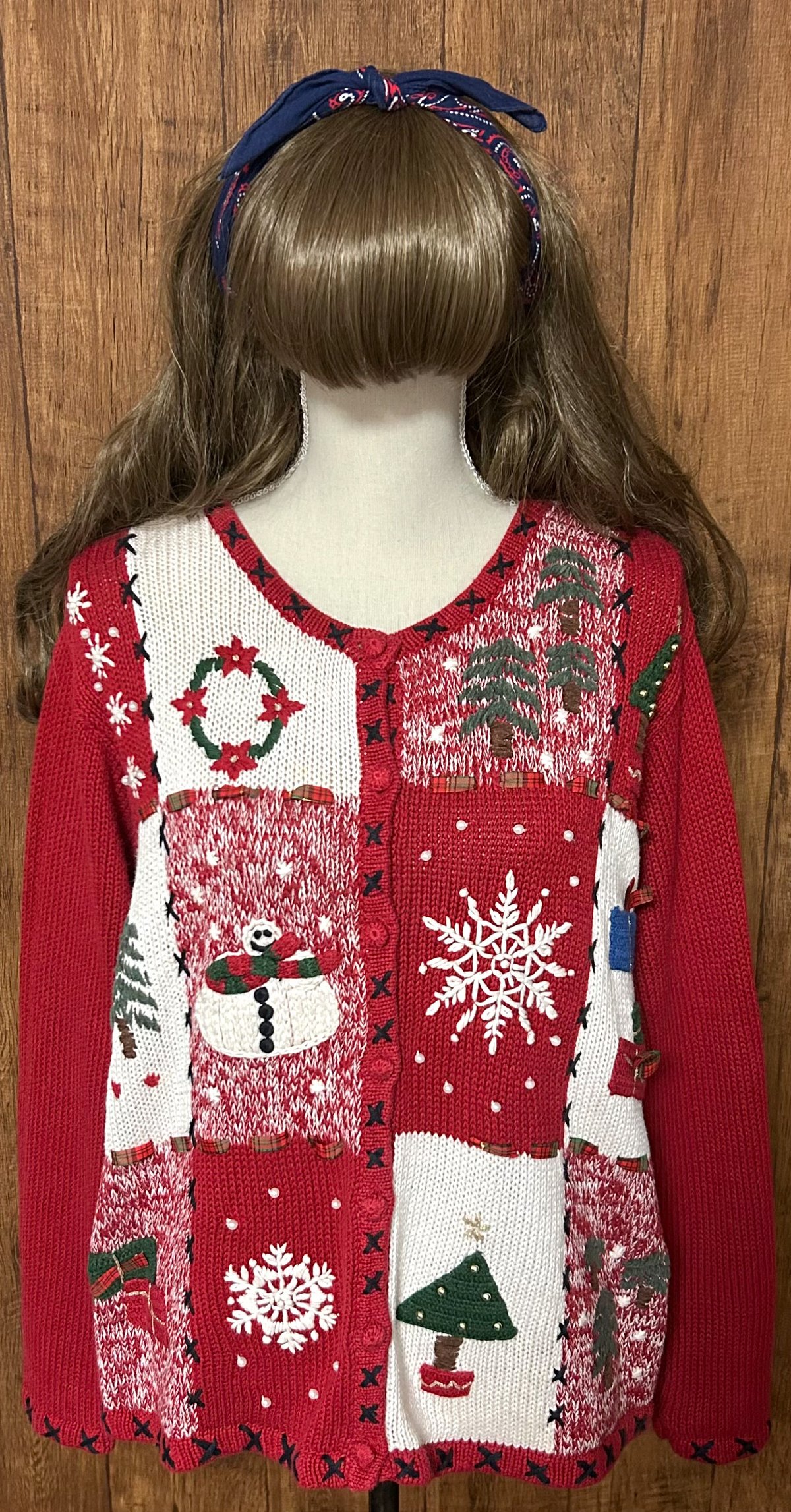 クリスマス アグリー ニット カーディガン カーデ 赤 刺繍 スノーマン