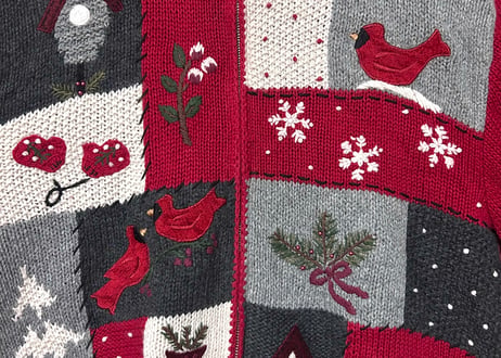 刺繍 ニット カーディガン 鳥 家 雪 冬 赤 ファンシー レトロ カントリー 個性的 おしゃれ かわいい ヴィンテージ vintage used 古着/club723 クラブ723(N723)