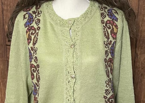 ニット カーディガン カーデ 長袖 グリーン 黄緑 刺繍 ヨーロッパ ヴィンテージ カラフル レトロ カントリー おしゃれ vintage used 古着/club723 クラブ723(N719)