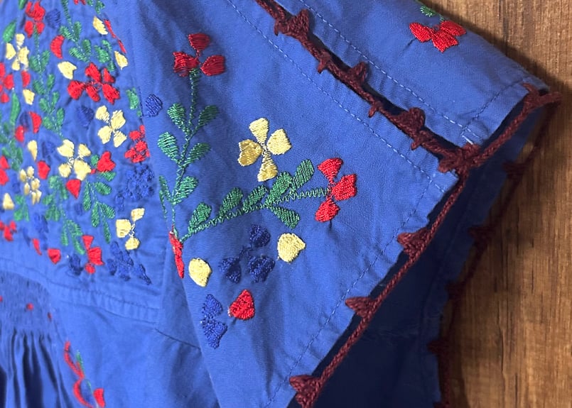 刺繍 ワンピース 花 青 ブルー ポケット エスニック ヒッピー カラフル