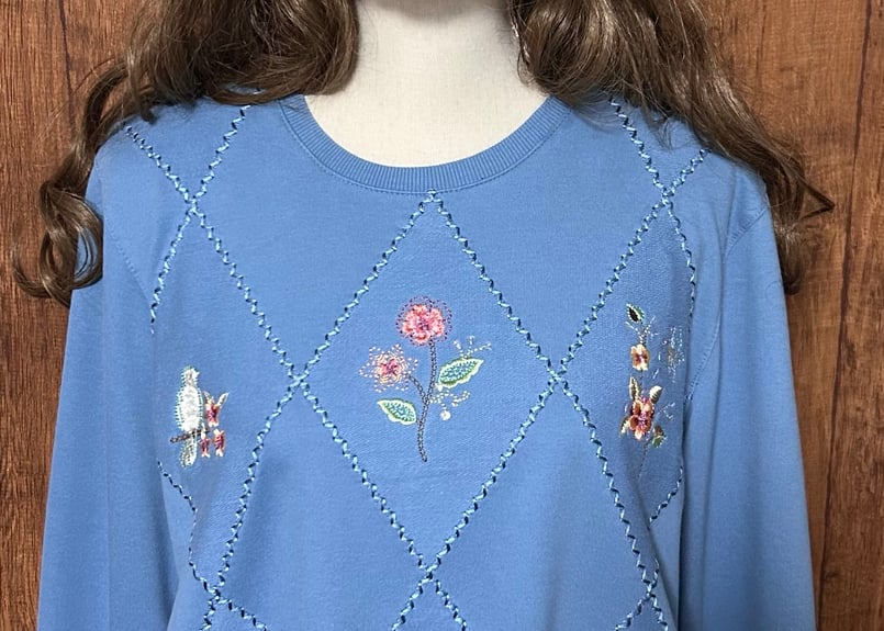 花 鳥 刺繍 スウェット スエット トレーナー 水色 装飾 レトロ 花 鳥 刺繍 スウェット スエット トレーナー 水色 装飾 レトロ