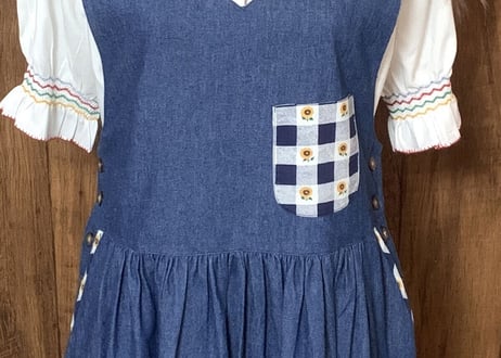 ひまわり デニム ロング ワンピース ジャンパースカート ジャンスカ 花 カントリー アメリカン レトロ フォークロア USA ヴィンテージ vintage used 古着/club723(N411)