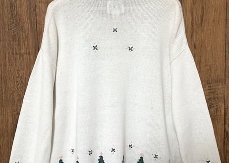 クリスマス アグリー セーター ニット カーデ 白 刺繍 手刺繍 ツリー クリスマスツリー アメリカン カントリー レトロ 個性的 かわいい vintage used 古着/club723(N382)