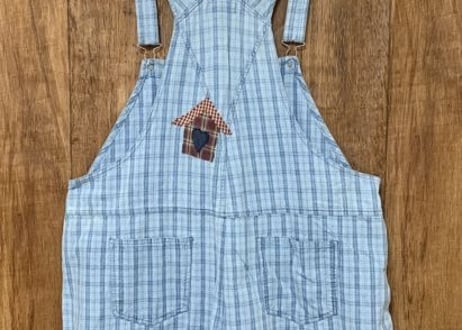 アメリカ　USA 古着 サロペット　ショートオール　ショートオーバーオール　デニム　チェック　アップリケ　ゆったり　大きめ　big ビッグ アメリカン　カントリー /club723 (N60)