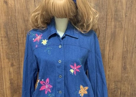 デニム　ジャケット　ブルゾン　アウター　花　刺繍　装飾　ストレッチ　ポケット付き　アメリカ　USA vintage used  古着/ club723(N75)