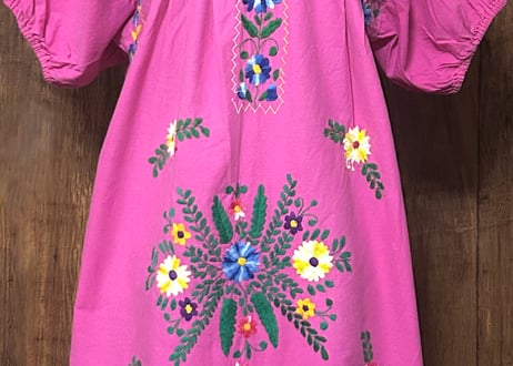 メキシカン ワンピース ピンク 花 鳥 刺繍 手刺繍 ヴィンテージ エスニック ヒッピー カラフル メキシコ おしゃれ かわいい 古着/club723 クラブ723(N807)