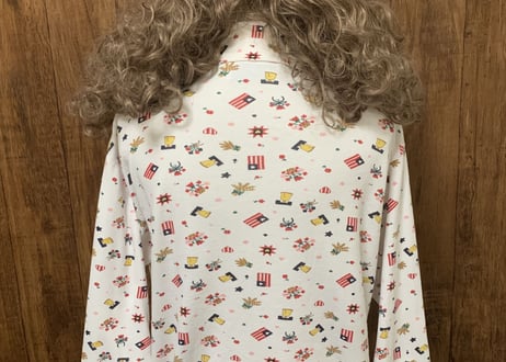 古着　ロンT タートルネック　長袖　トップス　インナー　総柄　国旗　花　かわいい　USA アメリカ　used vintage /club723(N111)