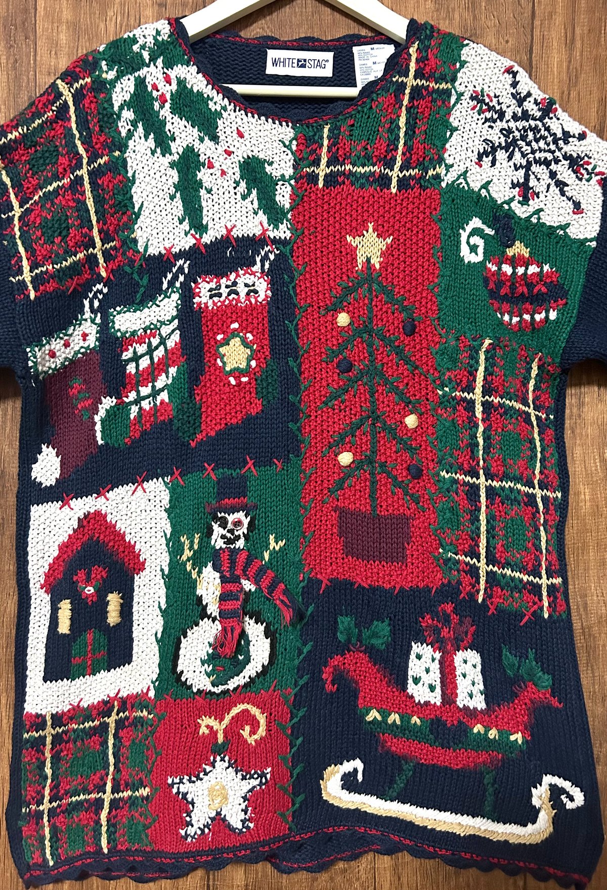 クリスマス　アグリーセーター　USA古着　ニットベスト　レトロ　レッド　木馬 クリスマス アグリー セーター ニット 紺 ネイビー 刺繍