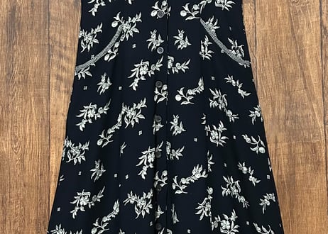 ヴィンテージ 総柄 ロング マキシ ワンピース 黒 半袖 ポケット ベルト レーヨン レトロ クラシカル かわいい USA vintage used 古着/club723(N534)