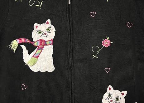 ねこ ネコ 動物 ニット カーディガン 黒 刺繍 装飾 花 ヴィンテージ カントリー ファンシー かわいい vintage used 古着/club723 クラブ723(N721)