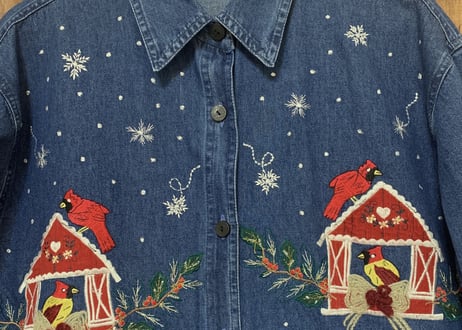 赤い鳥　クリスマス　デニム　シャツ　大きめ　ビッグ　XL 刺繍　アップリケ　家　リボン　アメリカン　カントリー　ヴィンテージ vintage used USA 古着/club723 (N151)