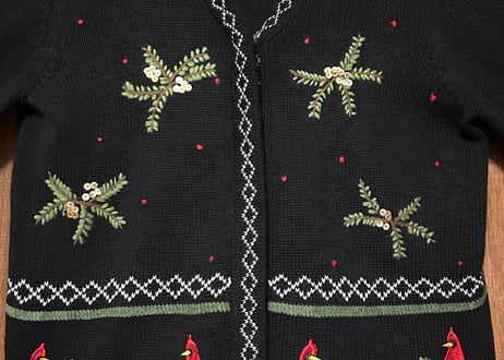 刺繍 ニット カーディガン カーデ 黒 クリスマス アグリー セーター 赤い鳥 ヴィンテージ レトロ おしゃれ かわいい vintage used 古着/club723 クラブ723(N593)
