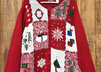 クリスマス アグリー ニット カーディガン カーデ 赤 刺繍 スノーマン ツリー 雪 ヴィンテージ レトロ おしゃれ かわいい vintage used 古着/club723 クラブ723(N585)