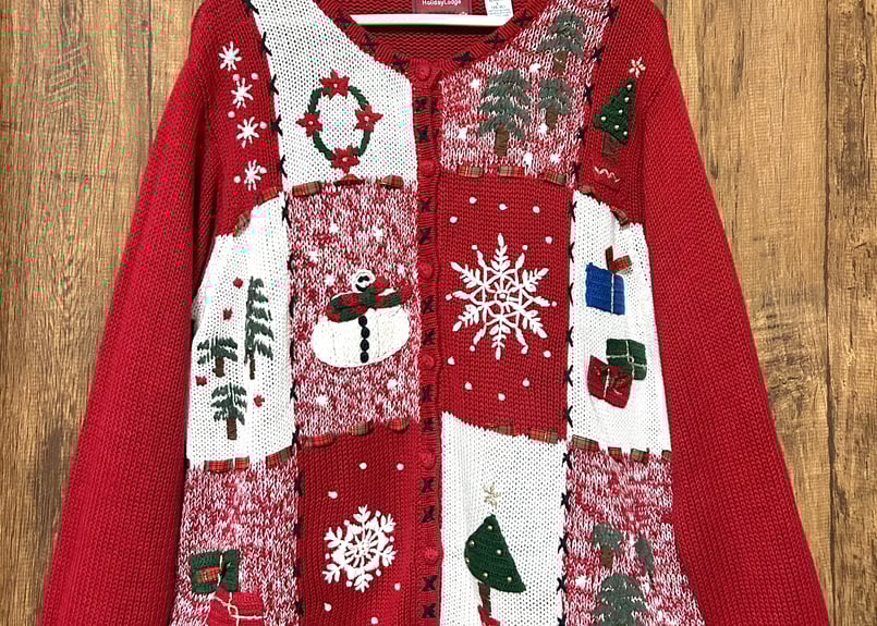 クリスマス　刺繍カーディガン　アグリーセーター　ヴィンテージ　赤 クリスマス アグリー ニット カーディガン カーデ 赤 刺繍 スノーマン