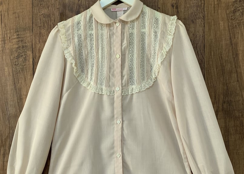 【専用】vintage 古着 レースブラウス レディース 古着 80s Shapely 襟 サテン 総レース タック シャツ