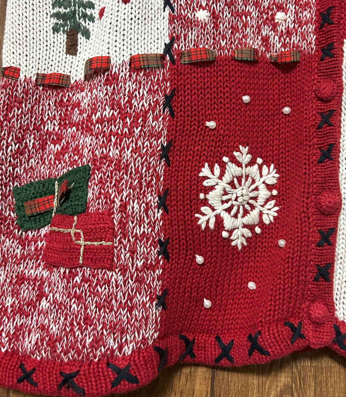クリスマス アグリー ニット カーディガン カーデ 赤 刺繍 スノーマン