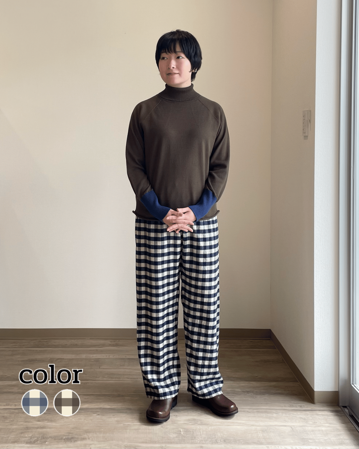 コムコム　ギンガムウールパンツ to touch オーガニックコットン ヤクウール混ギンガムパンツ