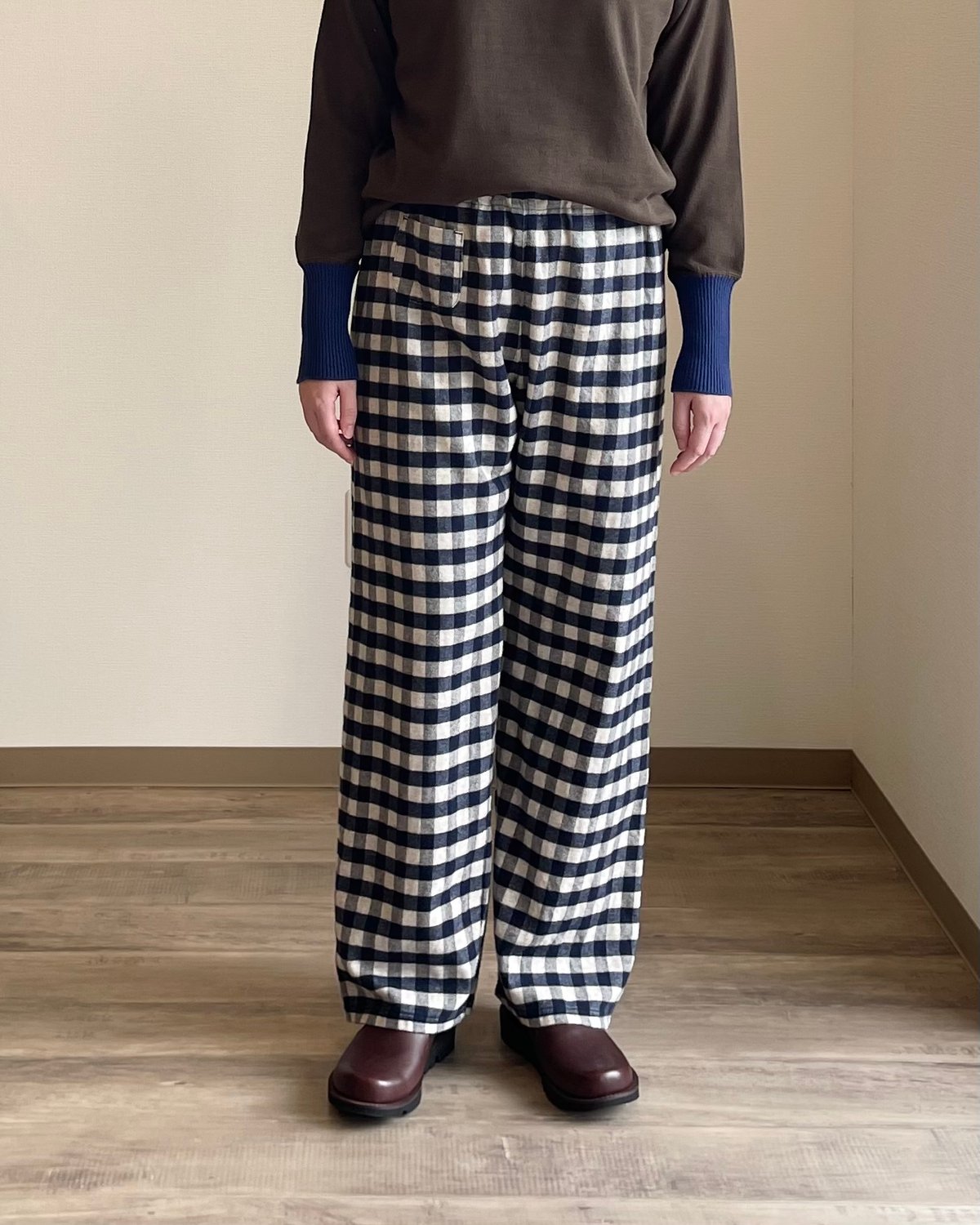 コムコム　ギンガムウールパンツ to touch オーガニックコットン ヤクウール混ギンガムパンツ