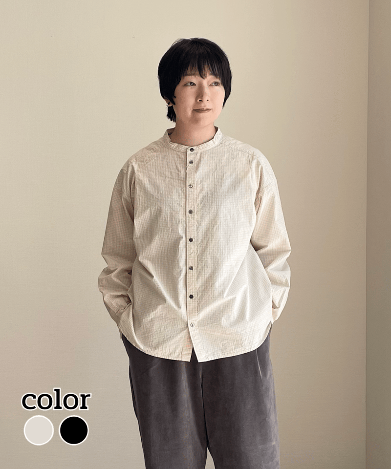 prit 40/1強撚グラフチェック スタンドカラータッククレリックブラウス